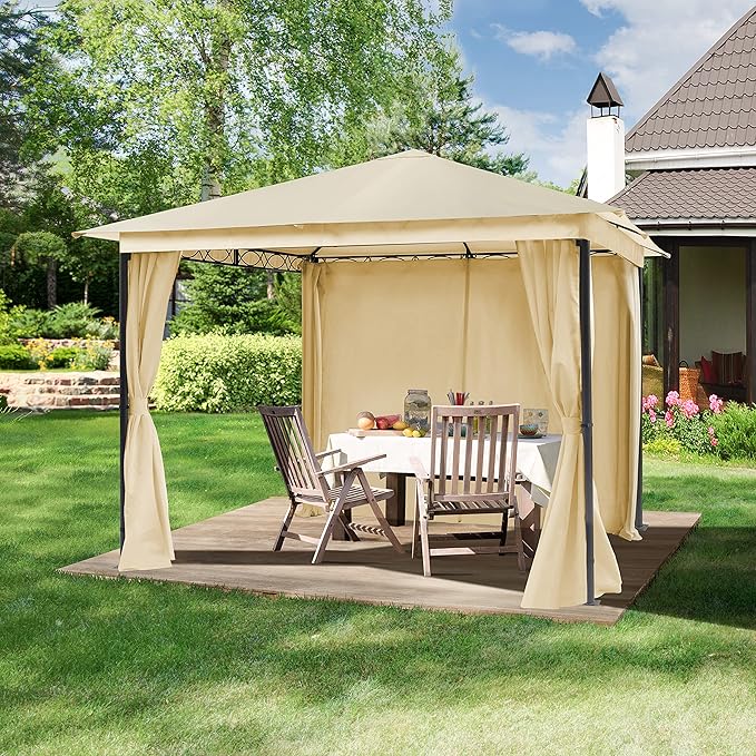 TOOLPORT Gazebo 10X10 Ft Approx. 5.31 Oz/Yd² Strong Polyester Fabric Pavilion with 4 Curtains