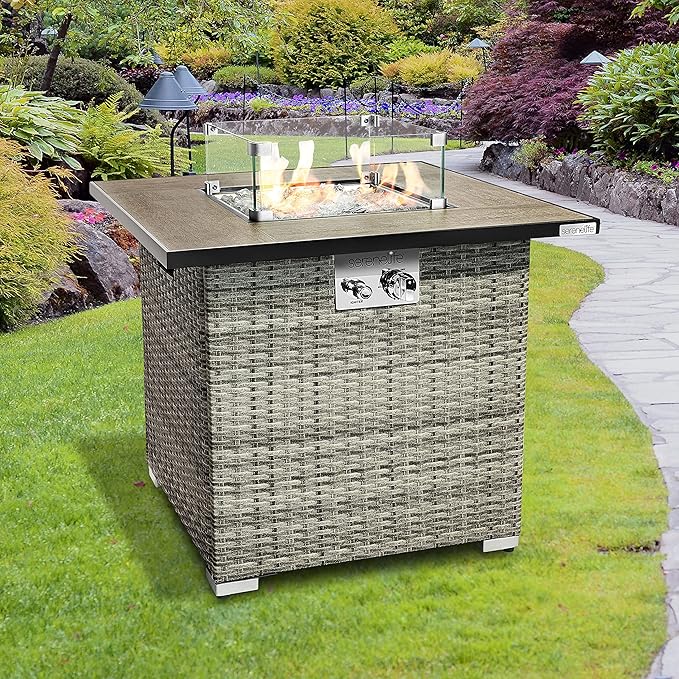 SereneLife 30” Outdoor Gas Fire Pit Table, 50,000 BTU Square Propane Firepit with Tile Top, Glass Rocks, Wind Guard, Weather-Resistant Wicker Base, Stainless Steel Burner, CSA Certified