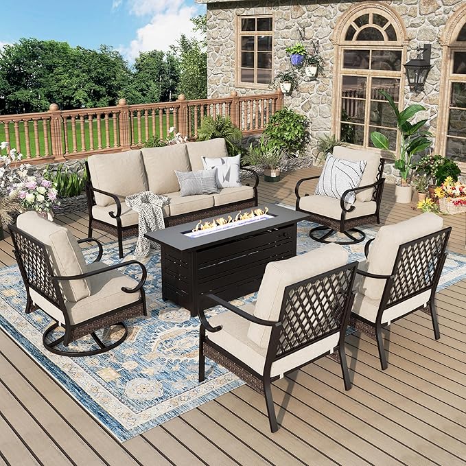Patio Furniture Set with Firepit Table, Black Frame Outdoor Conversation Set with 2 x Fixed Chairs, 2 x Swivel Chairs, 1 x 3-Seat Sofa for Lawn Garden Backyard, Beige