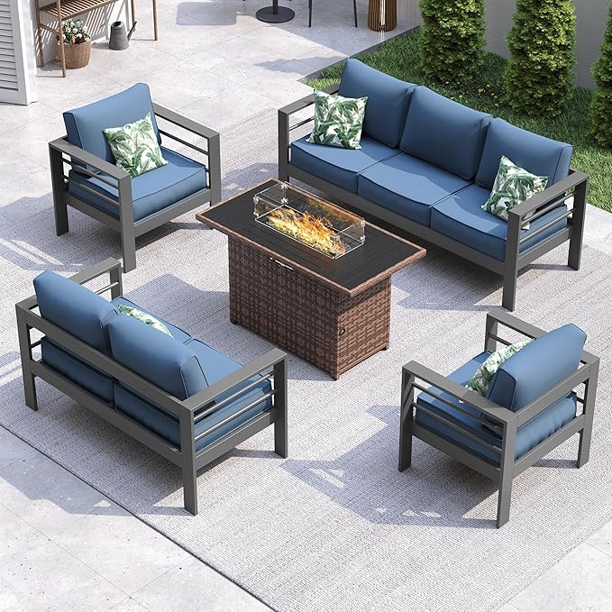 UDPATIO 8 Piece Aluminum Patio Furniture Set with Wicker Fire Pit Table,Mordern Outdoor Furniture Set with Water-Proof Cover Included, Dark Grey/Navy