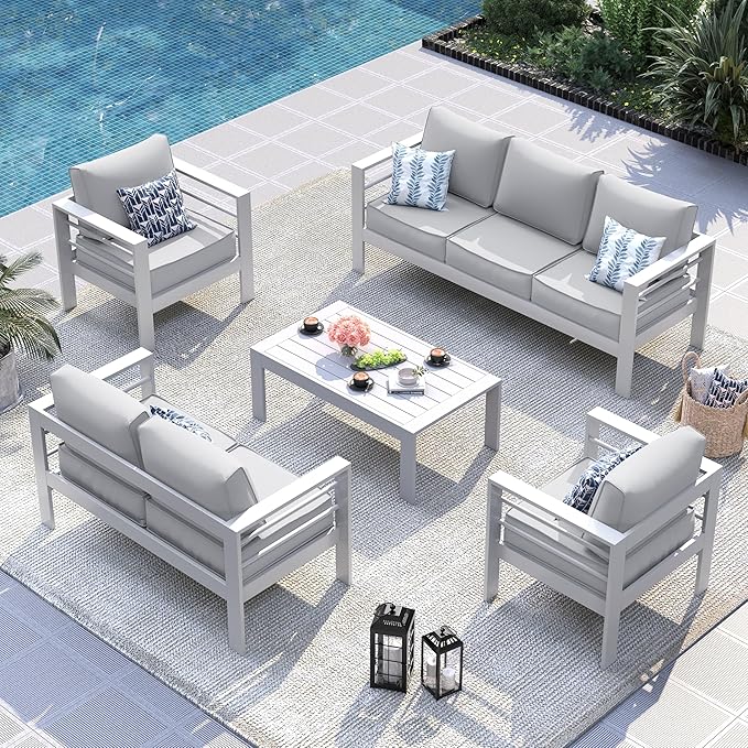 UDPATIO 8 Piece Aluminum Patio Furniture Set, Oversized Modern Outdoor Furniture Set with Olefin Fabric Cushion for Patio Deck Backyard, White(with Waterproof Covers)