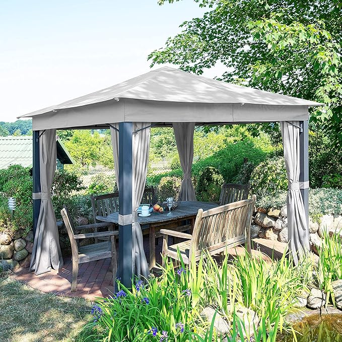 TOOLPORT Gazebo 10X10 Ft with Approx. 6.5 Oz/Yd² Waterproof Tarp Roof Pavilion with 4 Curtains in Gray