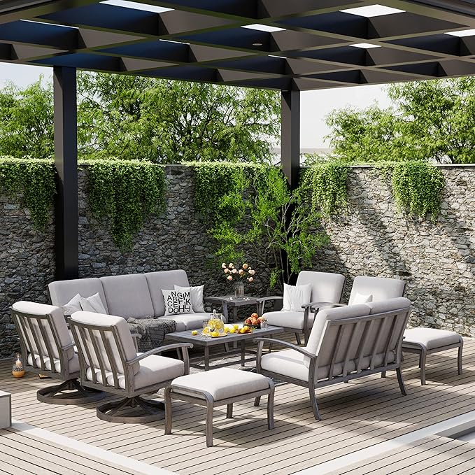 HAPPATIO 10 Piece Aluminum Patio Furniture Set, 3-Seat Outdoor Couch and Loveseat, All-Weather Outdoor Sectional Sofa with Swivel Armchairs and Ottomans, Garden Conversation Set(Gray)