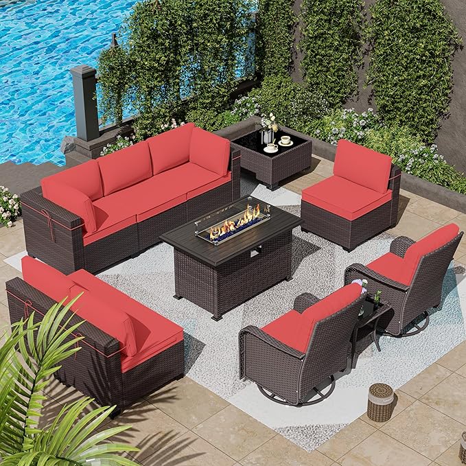 11 Pieces Patio Furniture Set with 2 Swivel Chairs Patio Furniture Outdoor Sectional Sofas with 55000 Gas Fire Pit Patio Conversation Set w/7-Cushions