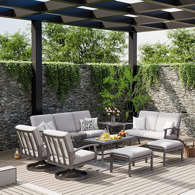 HAPPATIO 8 Piece Aluminum Patio Furniture Set, 3-Seat Outdoor Couch and Loveseat, All-Weather Outdoor Sectional Sofa with Swivel Armchairs, Garden Conversation Set with Tables (Gray)