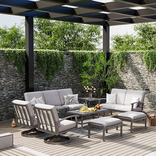 HAPPATIO 8 Piece Aluminum Patio Furniture Set, 3-Seat Outdoor Couch and Loveseat, All-Weather Outdoor Sectional Sofa with Swivel Armchairs, Garden Conversation Set with Tables (Gray)