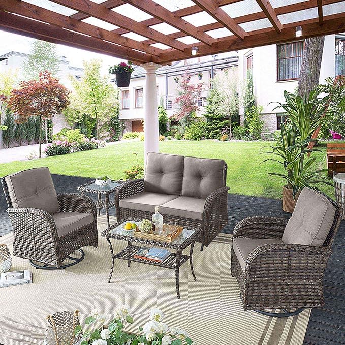 Belord 5 Piece Outdoor Patio Furniture Set with Deep Seating Swivel Rocker Chairs Loveseat and Rattan Coffee Table Outdoor Conversation Sets for Deck Backyard Poolside, Gray