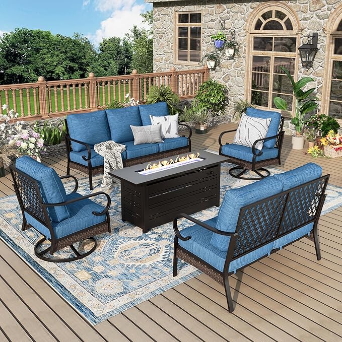 Patio Furniture Set with Firepit Table, Black Frame Outdoor Conversation Set with 2 x Swivel Chairs, 1 x 2-Seat Sofa, 1 x 3-Seat Sofa for Patio Backyard, Pacific Blue