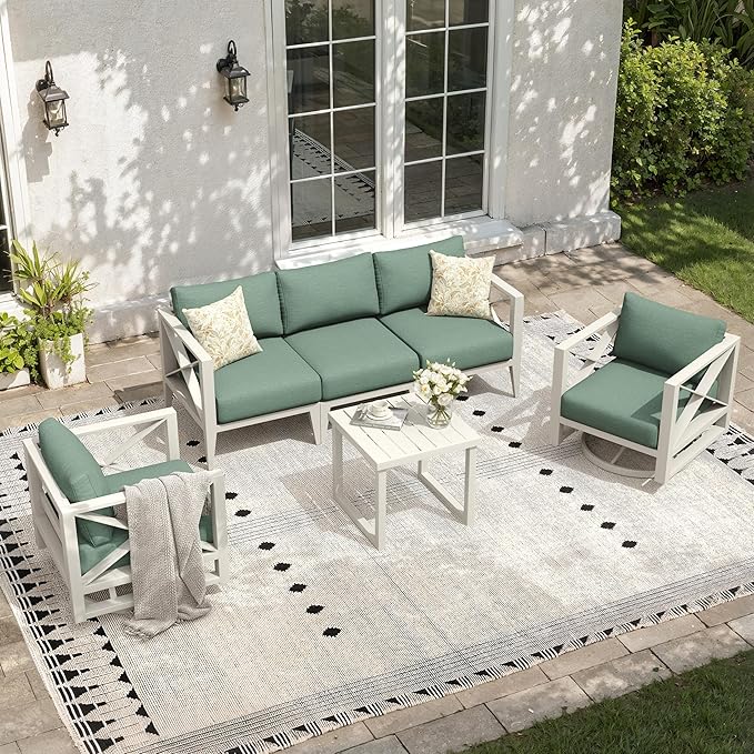 Aluminum Patio Furniture Set,5-Seats Patio Sectional Conversation Sofa with 6" All-Weather Cushions and 2 Swivel Rocking Chairs,Outdoor Furniture Set for Deck, Porch, Garden (White)