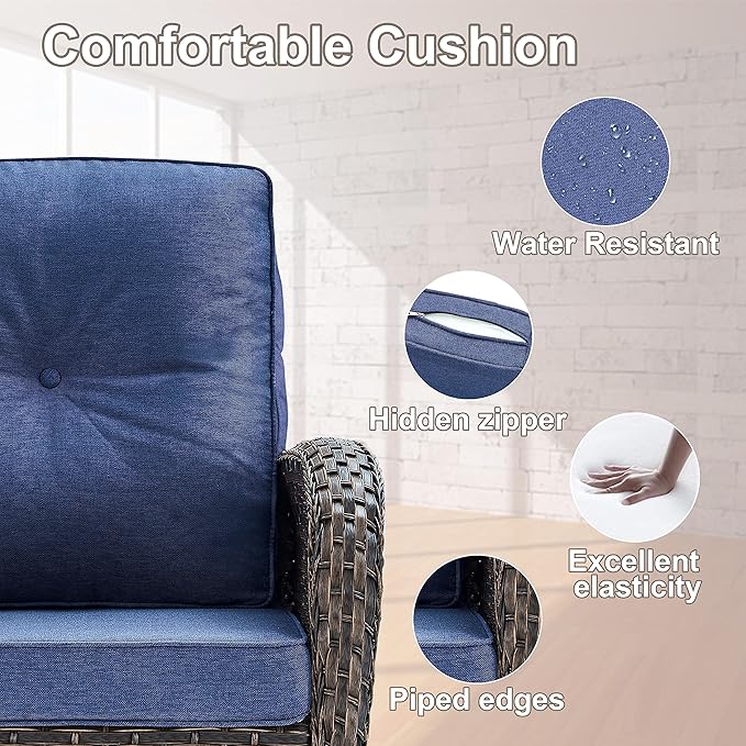 Belord Small Conversation Sets Patio Funiture - 5 Piece Outdoor Swivel Rocker Wicker Furniture Sets with Ottomans Side Table Perfect for Patio Deck Backyard, Brown Wicker Blue Cushion