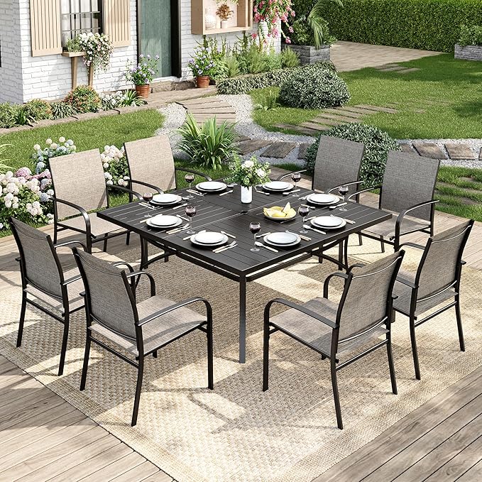 9 Pieces Patio Table and Chairs Set, Patio Dining Set for 8, 8 Brown Textilene Chairs and 1 Large Square Patio Dining Table with Umbrella Hole, for Deck Backyard Lawn Poolside