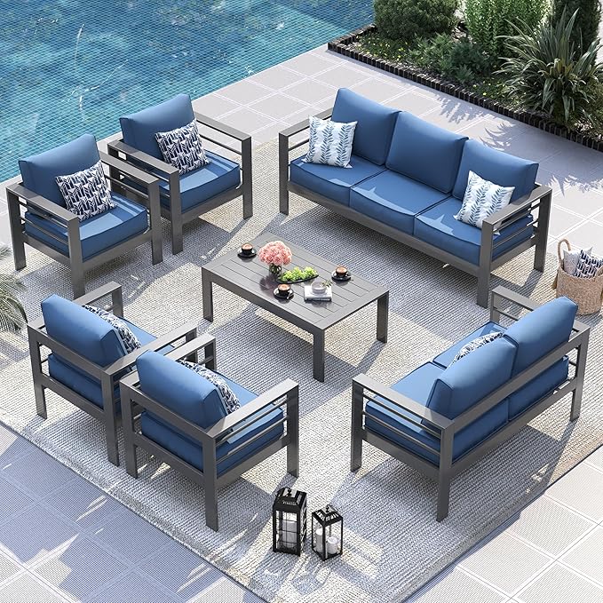 UDPATIO 10 Piece Aluminum Patio Furniture Set, Oversized Modern Outdoor Furniture Set with Olefin Fabric Cushion for Patio Deck Backyard, Dark Grey/Navy(with Waterproof Covers)