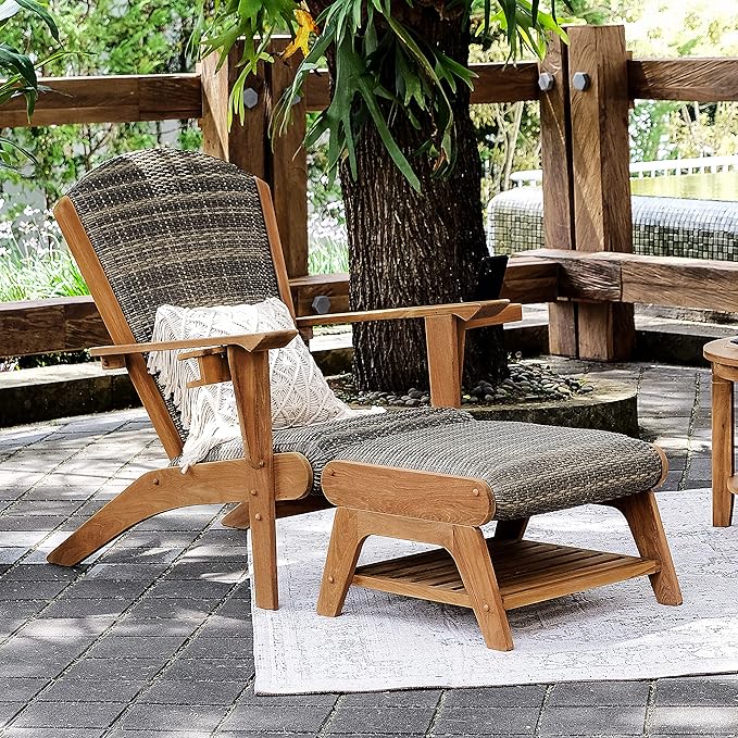 Cambridge Casual Auburn Teak Wood Padded Woven Seat Patio Lounge Conversation Set, Adirondack Chair + Ottoman