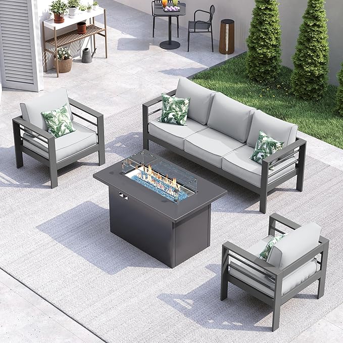 UDPATIO 8 Piece Aluminum Patio Furniture Set with Aluminum Fire Pit Table,Mordern Outdoor Furniture Set with Water-Proof Cover Included, Grey