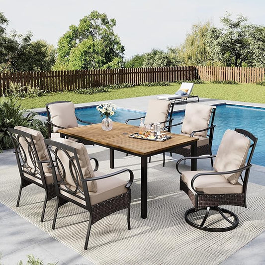 MFSTUDIO 7 Pieces Outdoor Dining Sets for 6, Wicker Swivel & Leg Chairs and Wood-Like Metal Table for 6, Heavy Duty Patio Dining Furniture Rectangular Table and Chairs, Deck, Porch