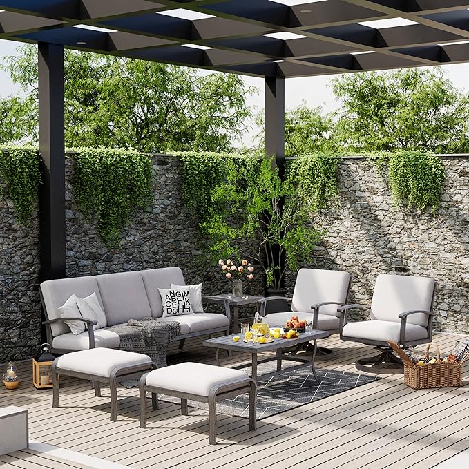 HAPPATIO 7 Piece Aluminum Patio Furniture Set, 3-Seat Outdoor Ottoman and Swivel Armchair, Outdoor Sectional Sofa with Side Table and Coffee Table, Garden Conversation Set for Lawn(Gray)