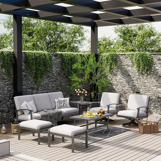 HAPPATIO 7 Piece Aluminum Patio Furniture Set, 3-Seat Outdoor Ottoman and Swivel Armchair, Outdoor Sectional Sofa with Side Table and Coffee Table, Garden Conversation Set for Lawn(Gray)