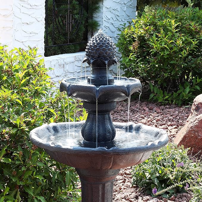 Sunnydaze Pineapple 46-Inch 2-Tier Outdoor Solar Fountain - Decorative Water Fountain with Pump for Garden, Patio, Yard or Balcony - Black