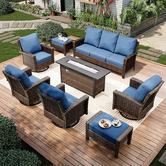 8-Piece Wicker Patio Furniture Set with Swivel Chairs, High Back Outdoor Furniture with 57'' Fire Pit Table, All-Weather Wicker Patio Conversation Set for Deck Yard Pool, Navy Blue