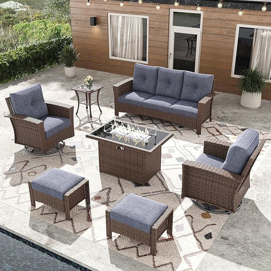 7 Pieces Outdoor Patio Furniture Set with Fire Pit Table, Wicker Patio Sectional Set Conversation Wicker Swivel Chairs with Small Side Table