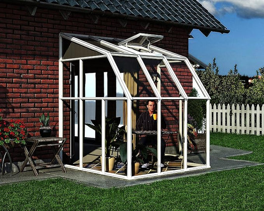 Palram Canopia Rion Sun Room 6 Ft. x 6 Ft. Solarium, Lean-to Greenhouse DIY Kit, Attach to House, Large Twin Wall Polycarbonate, 100% UV Protection for Porch, Patio Outdoors with Window Vent (White)