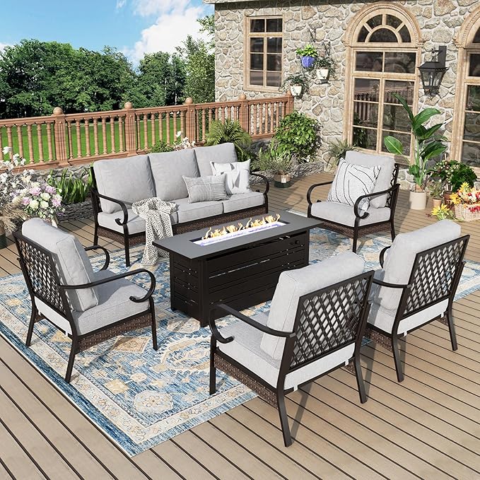 Patio Furniture Set with Firepit Table, Black Frame Outdoor Conversation Set with 4 x Fixed Chairs, 1 x 3-Seat Sofa for Lawn Garden Backyard, Light Grey