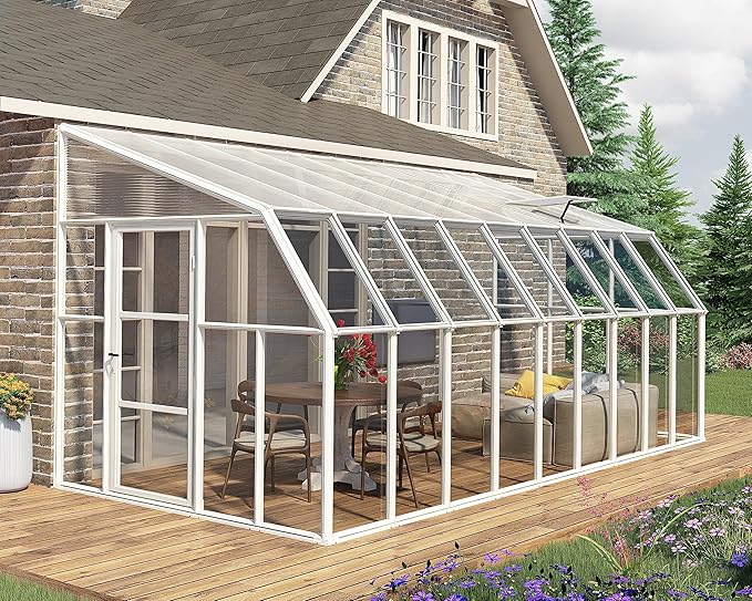Palram Canopia Rion Sun Room 8 Ft. x 18 Ft. Solarium, Lean-to Greenhouse DIY Kit, Attach to House, Large Twin Wall Polycarbonate, 100% UV Protection for Porch, Patio Outdoors with Window Vent (White)