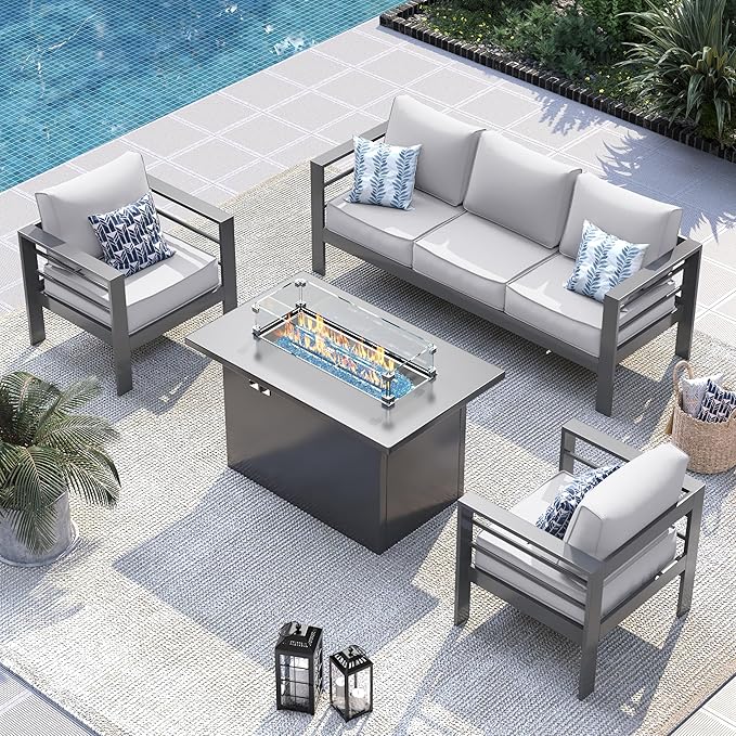 UDPATIO 8 Piece Aluminum Patio Furniture Set with Aluminum Fire Pit Table,Mordern Outdoor Furniture Set with Water-Proof Cover Included, Grey