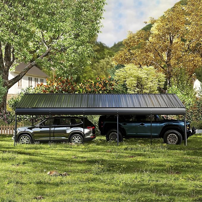 Metal Carport 13x26.5 ft Car Port, Heavy Duty Carports with Enhanced Base, Multi-Use Garage Shed for Car and Truck, Campcraft, Carport Kit with Galvanized Steel Frame & Roof (Dark Gray, 13 * 26.5FT)