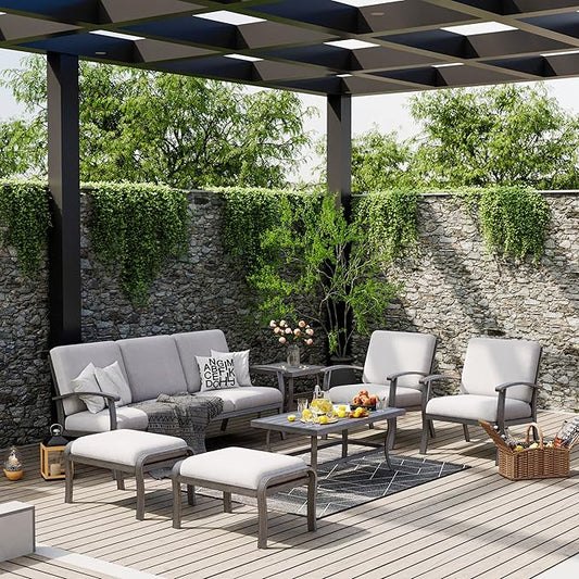 HAPPATIO 7 Piece Aluminum Patio Furniture Set, 3-Seat Outdoor Ottomans and Armchairs, Outdoor Sectional Sofa with Side Table and Coffee Table, Garden Conversation Set for Lawn Deck (Gray)