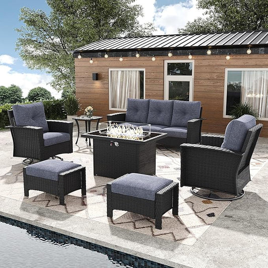7 Pieces Outdoor Patio Furniture Set with Fire Pit Table, Wicker Patio Sectional Set Conversation Wicker Swivel Chairs with Small Side Table