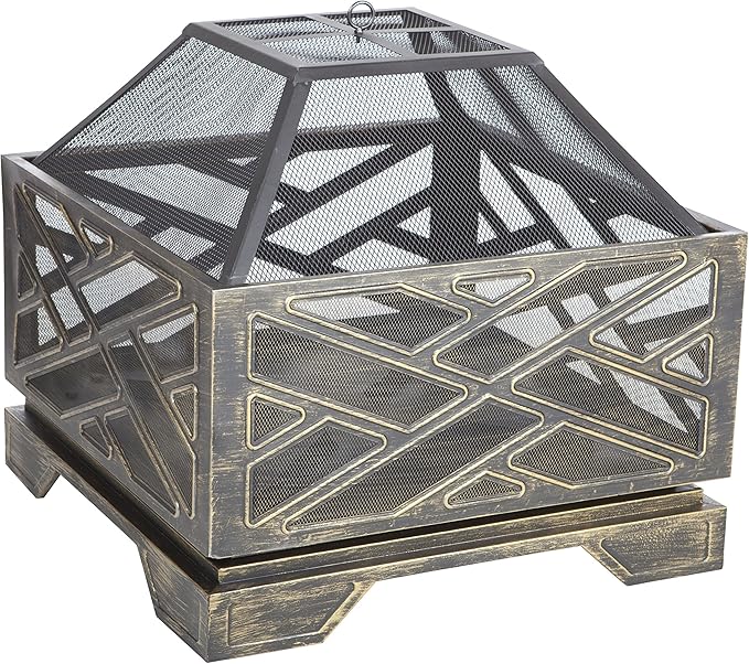 Fire Sense 62239 Fire Pit Catalano Wood Burning Lightweight Portable Outdoor Firepit Backyard Fireplace for Camping Bonfire Included Screen Lift Tool & Cooking Grate - Square - Antique Bronze Finish