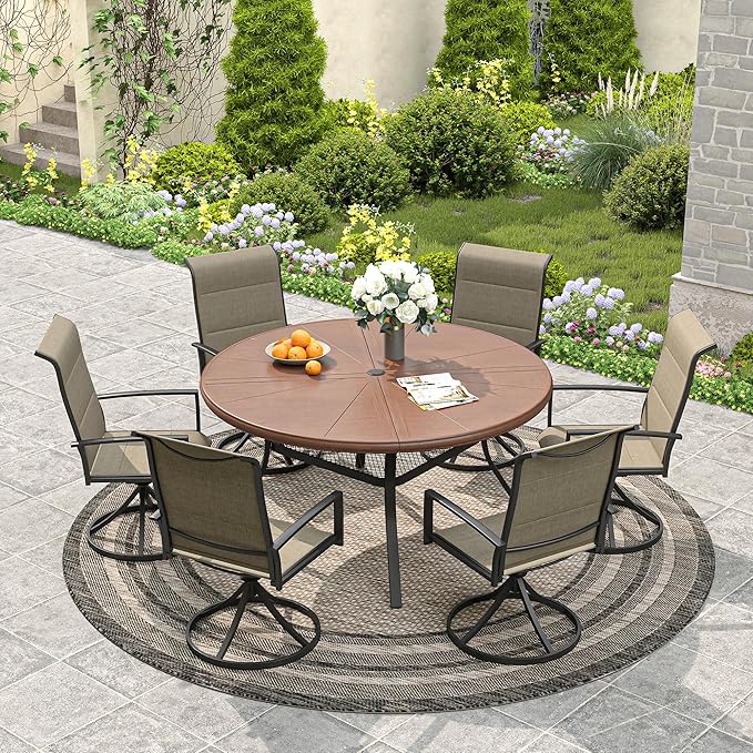 VICLLAX Round Patio Dining Table, 4-6 Person Aluminum Outdoor Dining Table with Umbrella Hole and Storage Shelf for Garden Lawn Deck, 47.2" Walnut