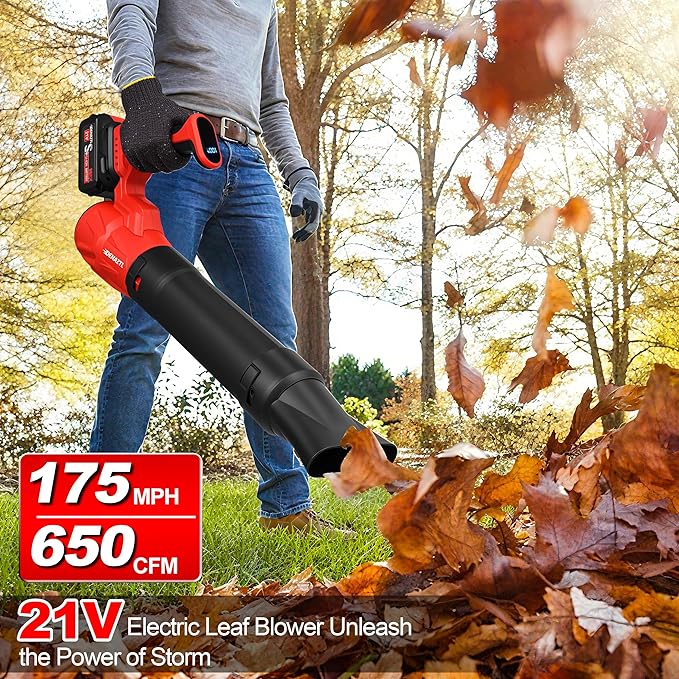 Portable Electric Leaf Blower Cordless with 2X 4.0Ah Batteries and Charger, 650CFM 175MPH, 5 Speeds Modes, LCD Display, Lightweight Handheld for Seniors Gift, Gutter, Yard, Garden, Patio, Lawn Care