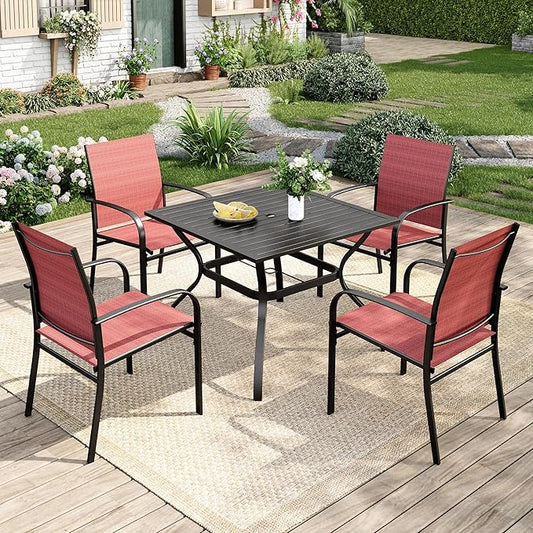 5 Pieces Patio Table and Chairs Set, 4 Person Outdoor Dining Furniture Set, 4 Red Textilene Chairs and 37" Square Metal Table with Umbrella Hole, for Deck Backyard Lawn