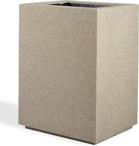 PolyStone Cozumel Tall Modern Outdoor/Indoor Column Planter, 23" L x 18" W x 30" H, Lightweight, Heavy Duty, Weather Resistant, Polymer Finish, Commercial Grade and Residentia (Sandstone Granite)