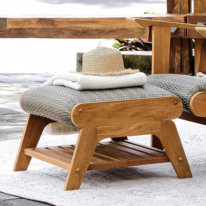 Cambridge Casual Auburn Teak Wood Padded Woven Seat Patio Lounge Conversation Set, Adirondack Chair + Ottoman