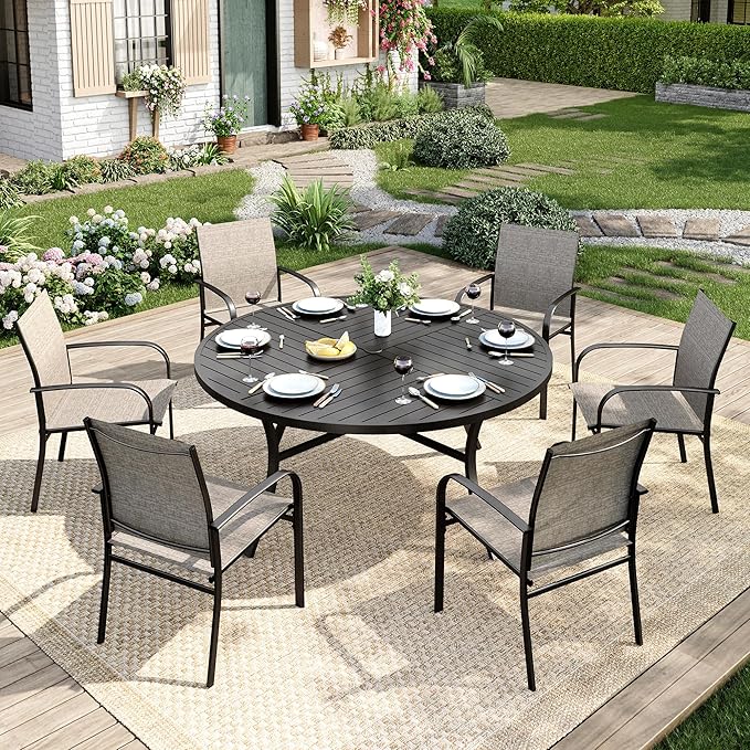 7 Pieces Outdoor Table and Chairs, Patio Dining Set for 6 Includes 54" Round Outdoor Table and 6 Patio Chair Set, Outdoor Dining Furniture Set for Lawn Backyard Deck, Brown