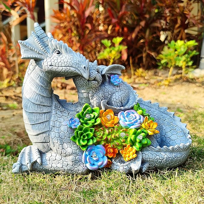VIOYOUNS Solar Dragon Statue with LED Lights, Dargon Lover Gifts with Succulent and 6 LED Lights for Outdoor,Solar Dragon Decor for Yard, Garden and Patio, Unique Garden Statue for Mom Grandma