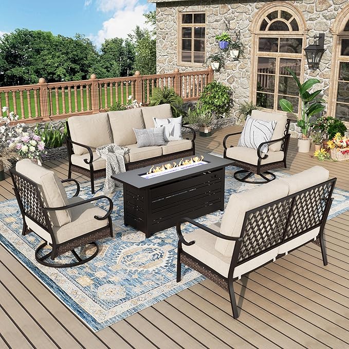 Patio Furniture Set with Firepit Table, Black Frame Outdoor Conversation Set with 2 x Swivel Chairs, 1 x 2-Seat Sofa, 1 x 3-Seat Sofa for Lawn Garden Backyard, Beige