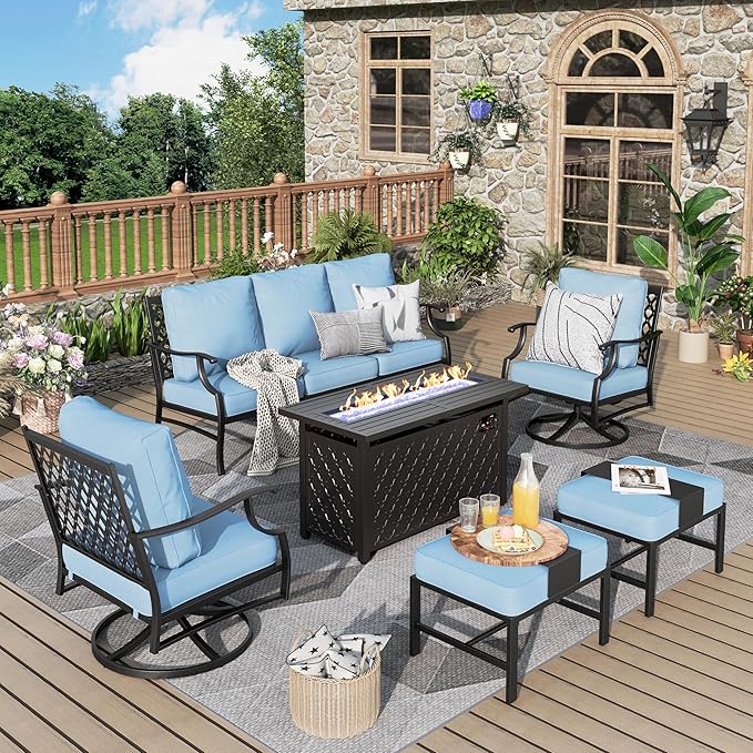 Patio Furniture Set, 6 Pcs Metal Outdoor Conversation Set, 2 Swivel Chairs, 2 Ottomans and 3 Seater Sofa with 5.75" Extra Thick Cushion and Gas Fire Pit Table, Blue