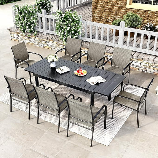 HERA'S HOUSE Expandable Patio Dining Table, Rectangular Black Metal Outdoor Deck Table for 8 Person