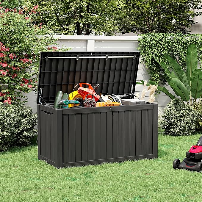Outdoor Storage Box, Resin Deck Boxes Indoor and outdoor, Waterproof Storage Box Lockable Lid (Black,180 Gallon)