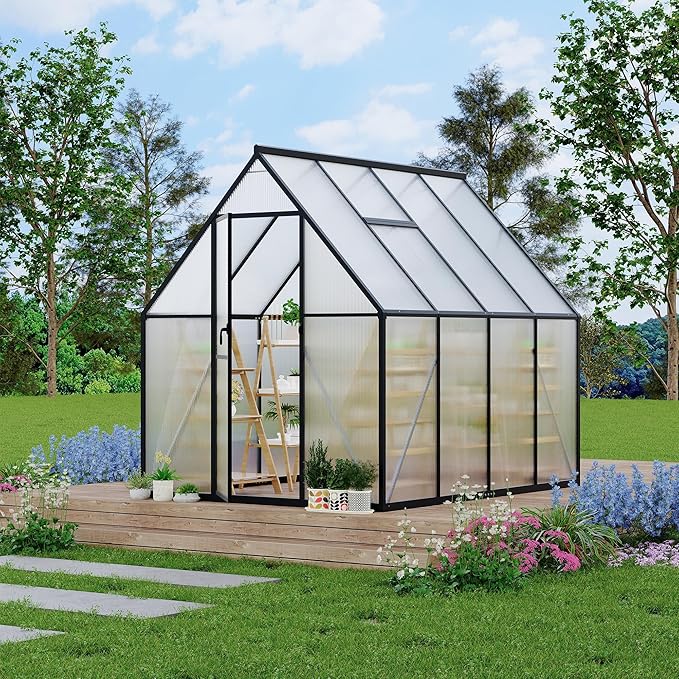Polycarbonate Greenhouse for Outdoors, Large Walk-InGreenhouse with Quick Setup Structure and Roof Vent, Greenhouse with Ventilation