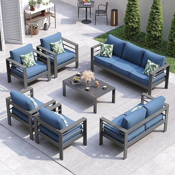 UDPATIO 10 Piece Aluminum Patio Furniture Set, Oversized Modern Outdoor Furniture Set with Olefin Fabric Cushion for Patio Deck Backyard, Dark Grey/Navy(with Waterproof Covers)