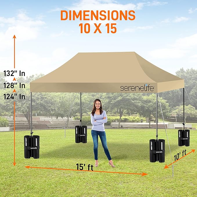 Pop Up Canopy Tent 10x15 - Commercial Instant Shelter Foldable/Collapsible Sun Shade Canopy Pop Up Tent w/Waterproof Tent Top, Portable Carry Bag & Sand Bag - SereneLife SLGZ15K (Khaki)