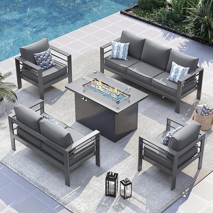 UDPATIO 6 Piece Aluminum Patio Furniture Set with Aluminum Fire Pit Table,Mordern Outdoor Furniture Set with Water-Proof Cover Included, Dark Grey