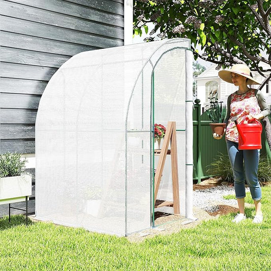 Outsunny 5' x 4' x 7' Outdoor Lean to Greenhouse, Walk-in Green House Plant Nursery with Roll-up Window, PE Cover, White