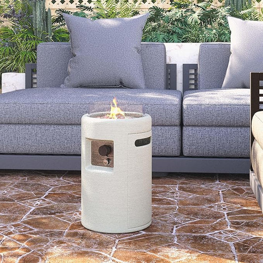HOMPUS Propane Patio Fire Pit with Wind Guard, Lava Rocks and Rain Cover for Outdoor Leisure Party,40,000 BTU 16-inch Round Concrete Gas Fire Pit for Patio, Deck or Backyard, CSA Certified, Milk White