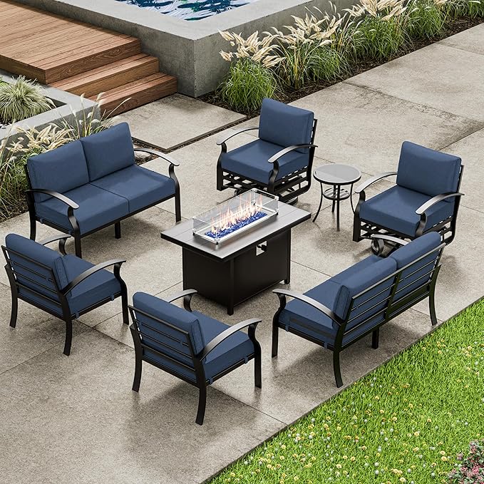 Aluminum Patio Furniture Set with Fire Pit Table, 8 Seats Outdoor Patio Conversation Sets with Swivel Chair Modern Metal Patio Sectional Sofa with Upgrade Cushions for Patio, Backyard Navy